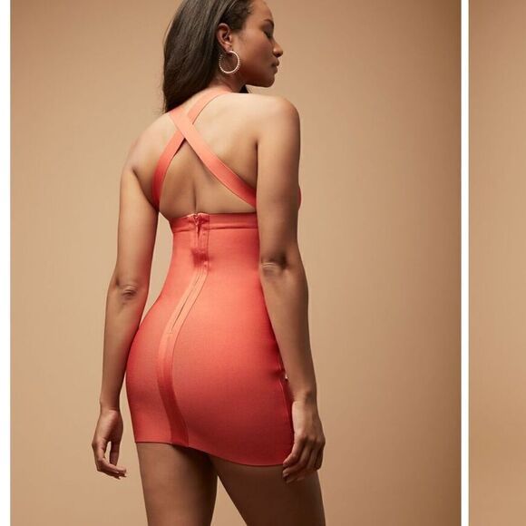 Herve Leger x Forever 21 One Shoulder Cutout Mini Dress Coral Orange NWT - Picture 2 of 16